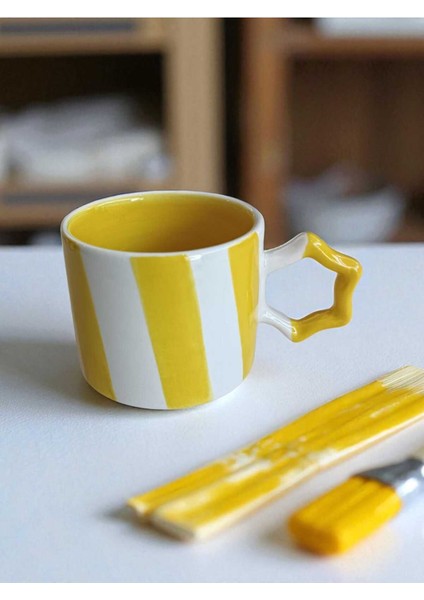 El Işi Sarı Şeritli Iki Renk Doğal Seramik Mug Kupa Çay / Cappuccino Fincanı