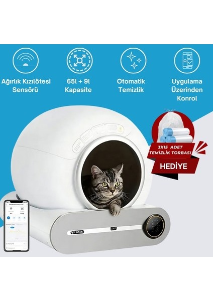 Smart Cat Cleaner 65L Hacim 9L Kapasiteli ve Wifi Uygulama Bağlantılı Kedi Tuvaleti