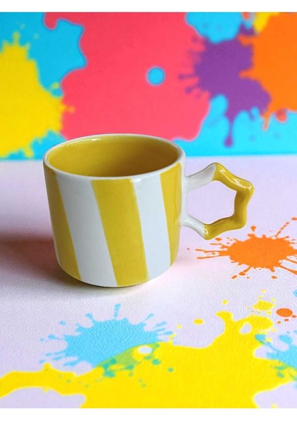 El Işi Sarı Şeritli Iki Renk Doğal Seramik Mug Kupa Çay / Cappuccino Fincanı modelleri