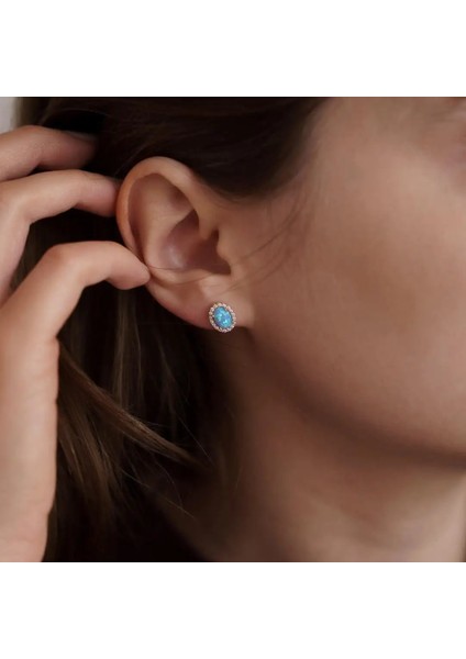 Oval Opal Taşlı Altın Küpe