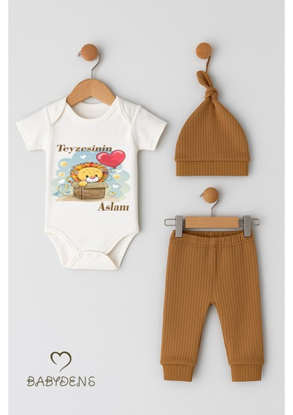 Teyzesinin Aslanı Yazılı 3’lü Bebek Takımı - Çıtçıtlı Body, Ribana Pantolon ve Şapka %100 Pamuk Set modelleri