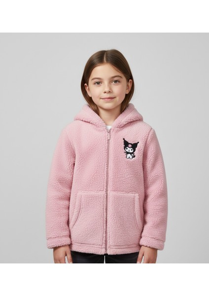 Kuromi Nakışlı Pembe Pelüş Kapüşonlu Kız Çocuk Hırka