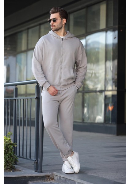 Boyalı Gri Kapüşonlu Fermuarlı Basic Erkek Eşofman Takımı E7331