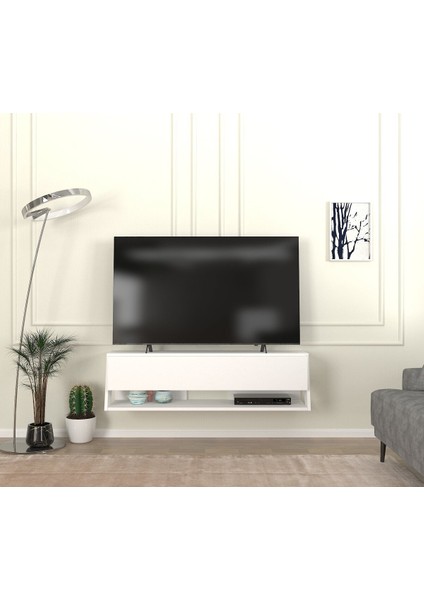 Lionel Tv Sehpası - Duvara Monte Kapaklı ve Raflı Tv Sehpası Beyaz