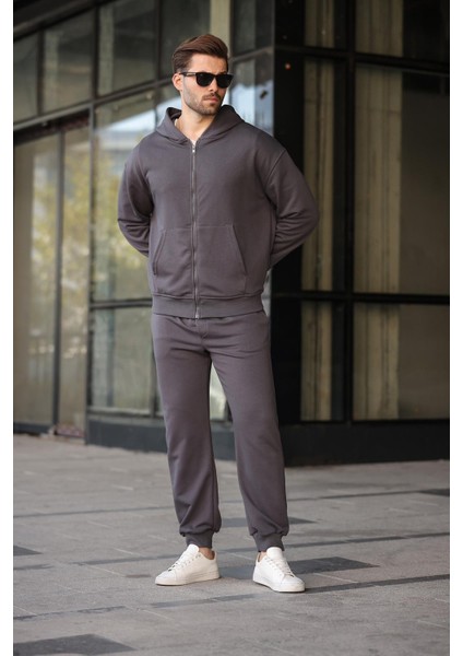 Füme Kapüşonlu Fermuarlı Basic Erkek Eşofman Takımı E7331