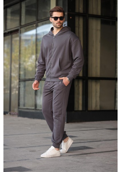 Füme Kapüşonlu Fermuarlı Basic Erkek Eşofman Takımı E7331 fiyatları