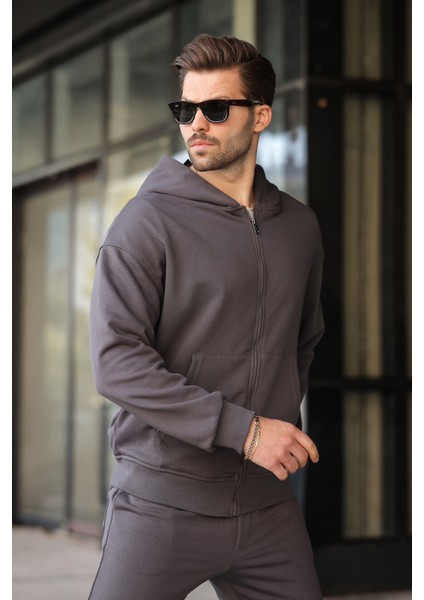 Füme Kapüşonlu Fermuarlı Basic Erkek Eşofman Takımı E7331 modelleri