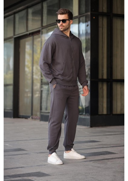 Füme Kapüşonlu Fermuarlı Basic Erkek Eşofman Takımı E7331 fırsatları