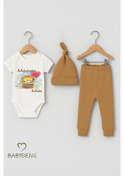Abisinin Aslanı Yazılı 3’lü Bebek Takımı %100 Pamuklu Çıtçıtlı Zıbın, Şapka ve Fitilli Pantolon Set modelleri
