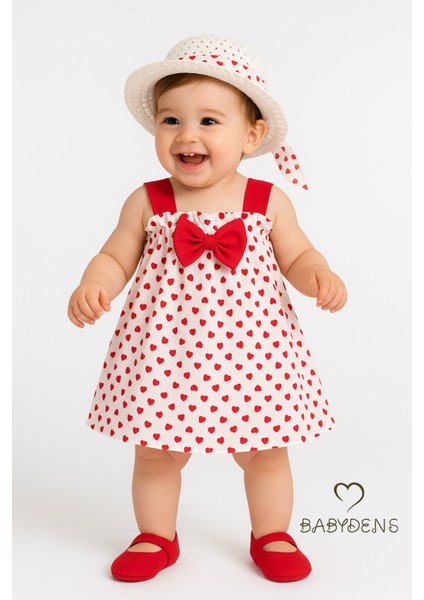 Kız Bebek Kalp Desenli Fiyonklu Yazlık Elbise Şapkalı Takım - Kırmızı Beyaz Pamuklu Bebek Elbisesi
