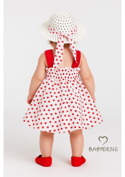 Kız Bebek Kalp Desenli Fiyonklu Yazlık Elbise Şapkalı Takım - Kırmızı Beyaz Pamuklu Bebek Elbisesi fiyatları