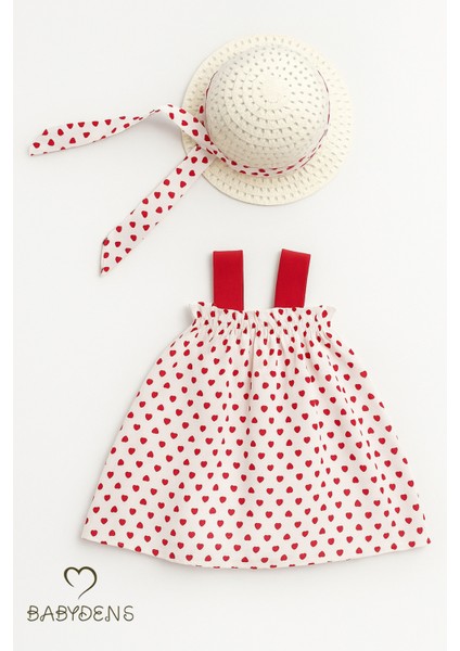 Kız Bebek Kalp Desenli Fiyonklu Yazlık Elbise Şapkalı Takım - Kırmızı Beyaz Pamuklu Bebek Elbisesi