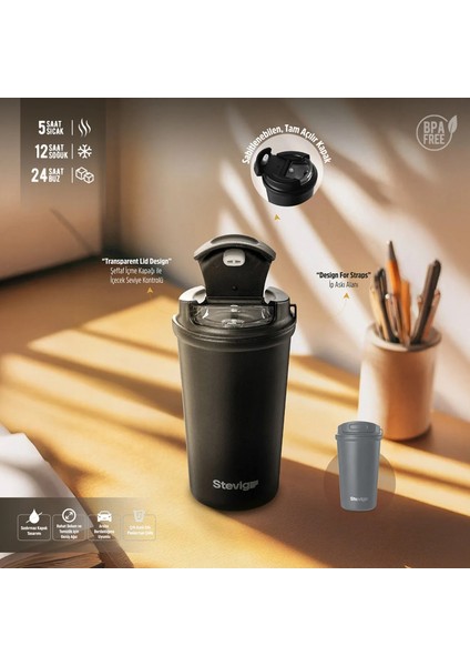 4 Work Flip Open Coffee Mug Çelik Termos 400 ml Black ST-250