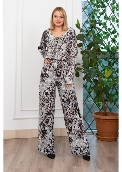 Desenli Önden Bağlamalı Bluz ve Beli Lastikli Boru Paça Pantolon Takım 1255