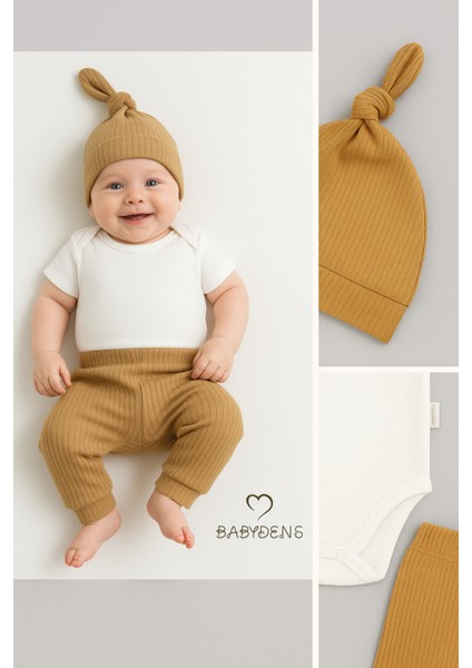 3'lü Bebek Takımı %100 Pamuklu Fitilli Ribana Kumaş Kısa Kol Çıtçıtlı Body, Pantolon ve Şapka Seti modelleri