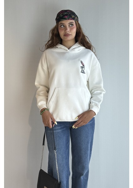 Kadın Kapüşonlu Baskı Detaylı Kanguru Cepli Oversize Sweatshirt