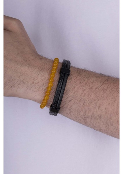 Çift Sıra Deri Yuvarlak Kesim Jasper Taşı Erkek Kombin Bileklik