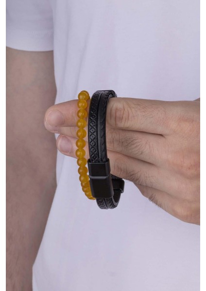 Çift Sıra Deri Yuvarlak Kesim Jasper Taşı Erkek Kombin Bileklik modelleri