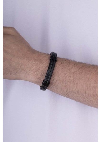 Işlemeli Model Çift Sıra Siyah Renk Erkek Deri Bileklik modelleri