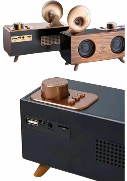 Wizard Bluetooth Nostalji Speaker Radyo Gramofon Ahşap Renk Vintage