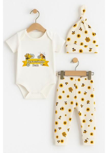 Teyzesinin Balı 3’lü Bebek Takımı Çiçek ve Arı Desenli Kısa Kol Zıbın, Patikli Alt, Şapka Unisex fiyatları