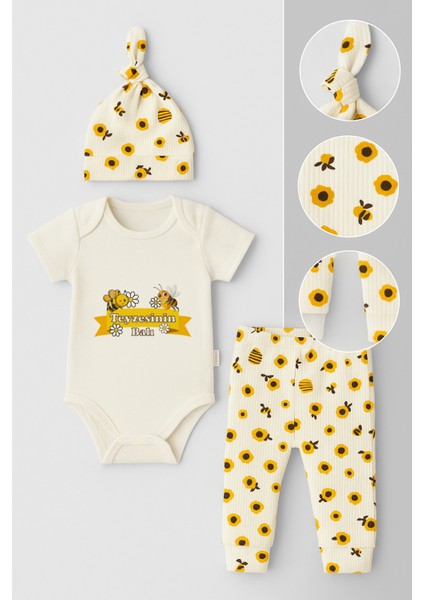 Teyzesinin Balı 3’lü Bebek Takımı Çiçek ve Arı Desenli Kısa Kol Zıbın, Patikli Alt, Şapka Unisex modelleri