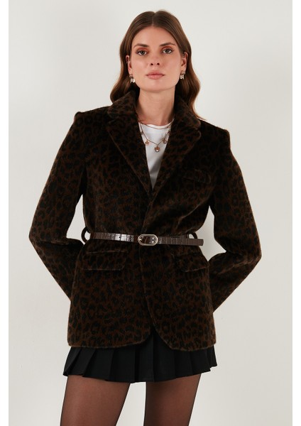 Leopar Desenli Regular Fit Kemer Detaylı Peluş Dokulu Blazer Ceket Bayan Ceket 6839614 modelleri