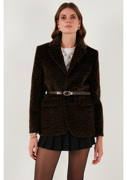 Leopar Desenli Regular Fit Kemer Detaylı Peluş Dokulu Blazer Ceket Bayan Ceket 6839614 fırsatları