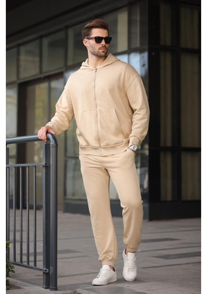 Bej Kapüşonlu Fermuarlı Basic Erkek Eşofman Takımı E7331