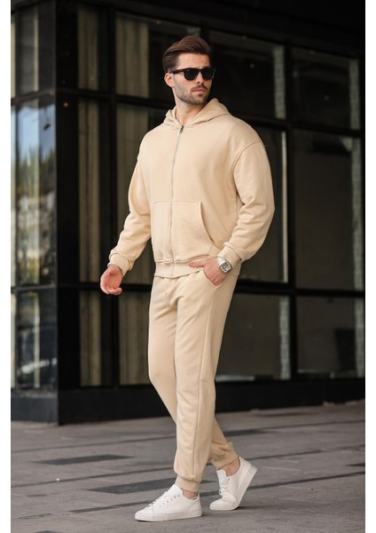 Bej Kapüşonlu Fermuarlı Basic Erkek Eşofman Takımı E7331 fiyatları