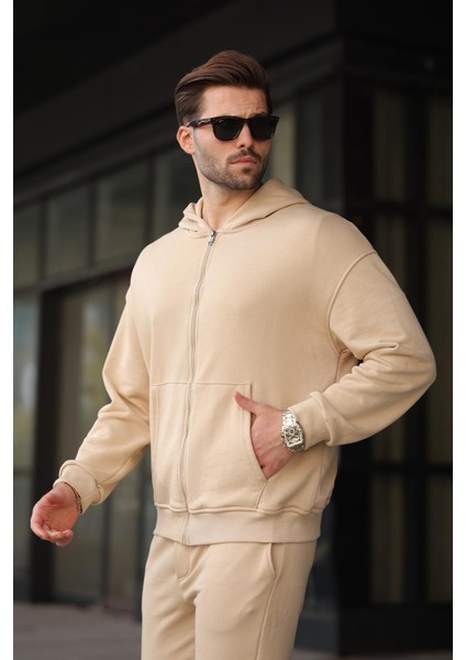 Bej Kapüşonlu Fermuarlı Basic Erkek Eşofman Takımı E7331 modelleri
