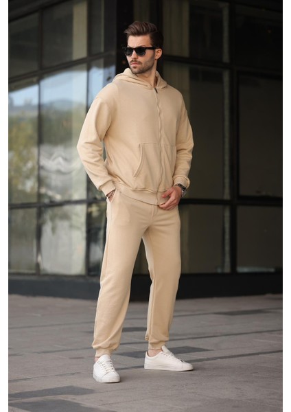Bej Kapüşonlu Fermuarlı Basic Erkek Eşofman Takımı E7331 fırsatları
