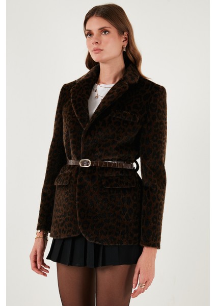 Leopar Desenli Regular Fit Kemer Detaylı Peluş Dokulu Blazer Ceket Bayan Ceket 6839614