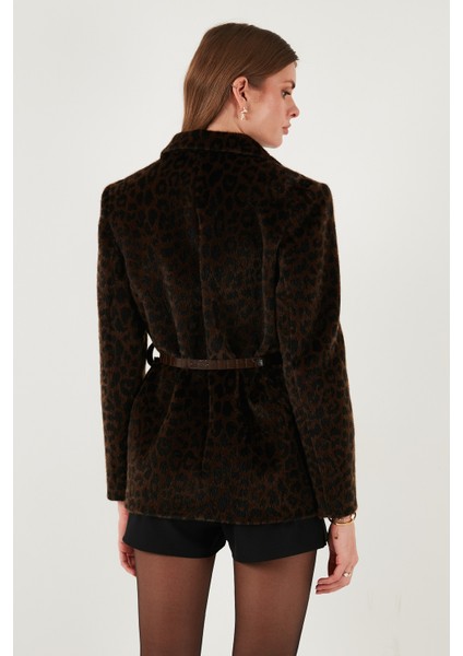 Leopar Desenli Regular Fit Kemer Detaylı Peluş Dokulu Blazer Ceket Bayan Ceket 6839614
