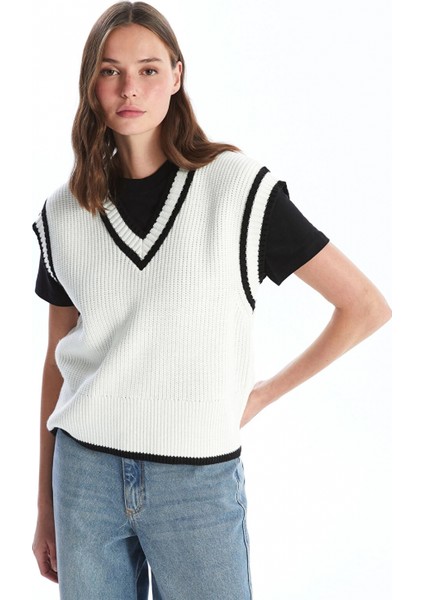 Lcw Vision Ekru Kadın V Yaka Düz Triko Süveter
