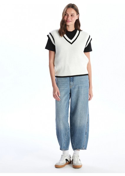 Lcw Vision Ekru Kadın V Yaka Düz Triko Süveter modelleri