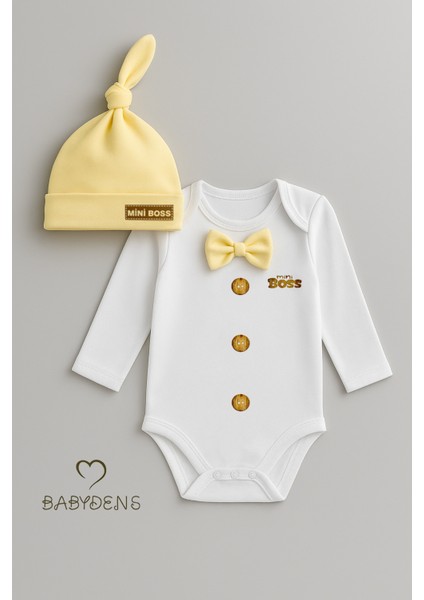 Minik Patron Erkek Bebek Uzun Kollu Çıtçıtlı Body ve Bere Seti Düğme Baskılı, Papyonlu %100 Pamuklu fiyatları