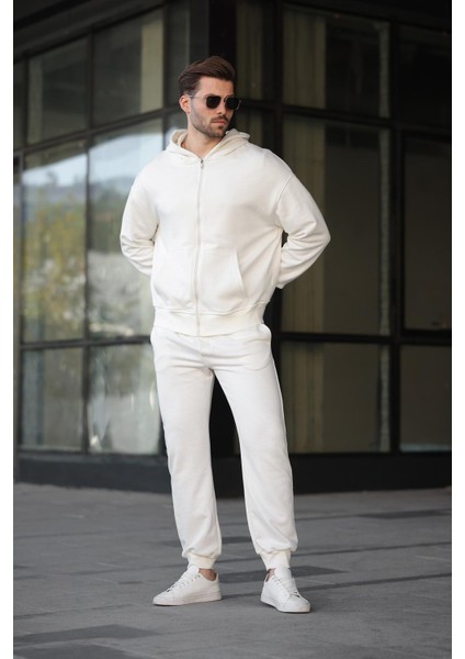 Beyaz Kapüşonlu Fermuarlı Basic Erkek Eşofman Takımı E7331