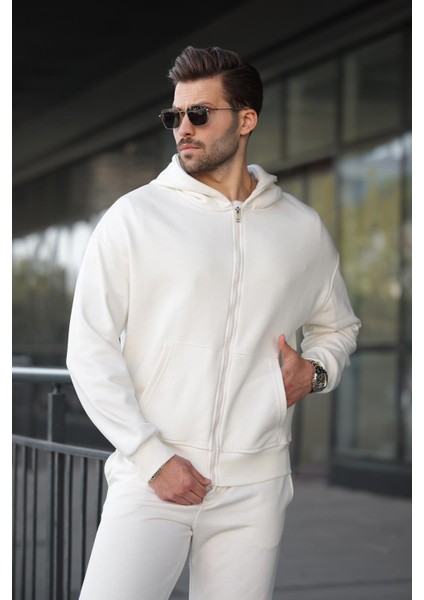 Beyaz Kapüşonlu Fermuarlı Basic Erkek Eşofman Takımı E7331 fiyatları