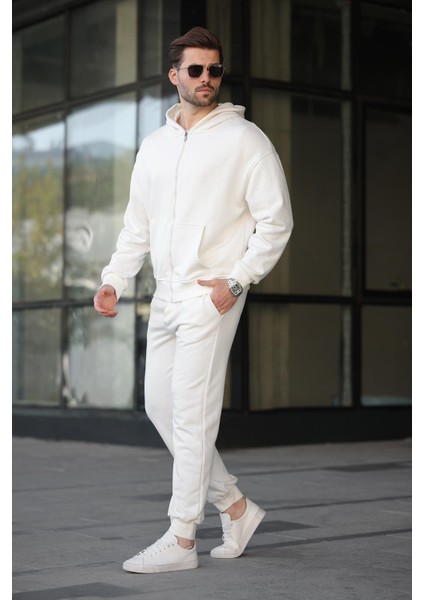 Beyaz Kapüşonlu Fermuarlı Basic Erkek Eşofman Takımı E7331 modelleri