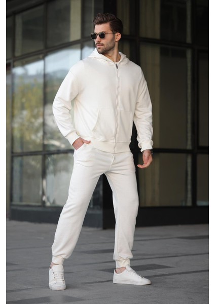 Beyaz Kapüşonlu Fermuarlı Basic Erkek Eşofman Takımı E7331 fırsatları
