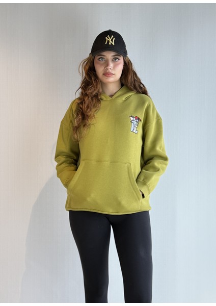 Kadın Kapüşonlu Baskı Detaylı Kanguru Cepli Oversize Sweatshirt