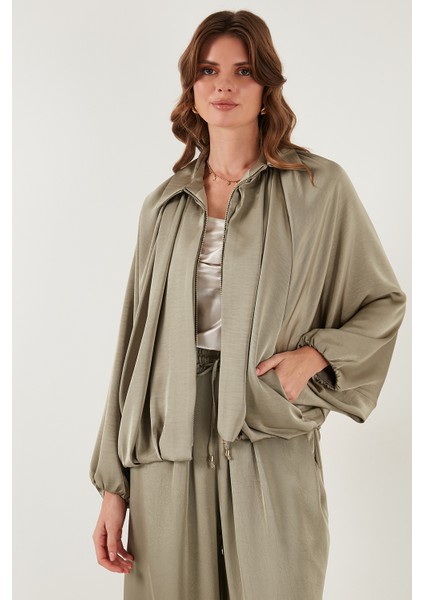 Oversize Klasik Yaka Yarasa Kol Fermuarlı Saten Ceket Bayan Ceket 6839584