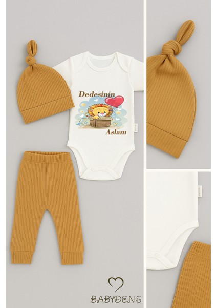 Dedesinin Aslanı Yazılı 3'lü Bebek Takımı - Çıtçıtlı Body, Ribana Pantolon ve Şapka - %100 Pamuk Set fırsatları
