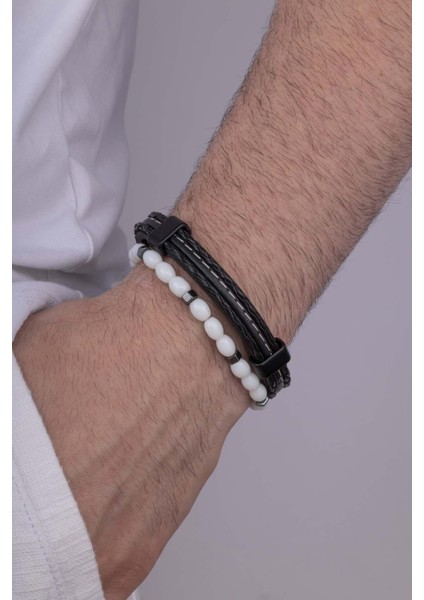Beyaz Jade Taşı Dikişli Deri Erkek Bileklik Kombini