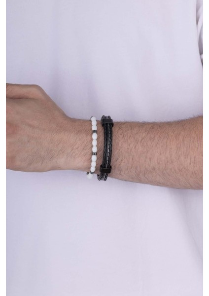 Beyaz Jade Taşı Dikişli Deri Erkek Bileklik Kombini fiyatları