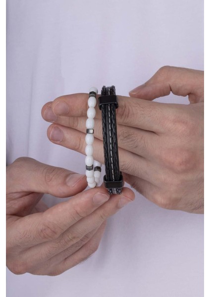 Beyaz Jade Taşı Dikişli Deri Erkek Bileklik Kombini modelleri