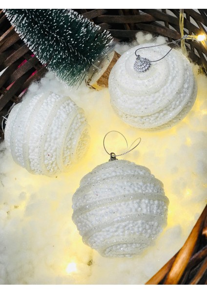 Yılbaşı Çam Ağaç Süsü Beyaz Inci Parıltılı Top Süs 8 cm 3 Lü Paket Beyaz Cici Top