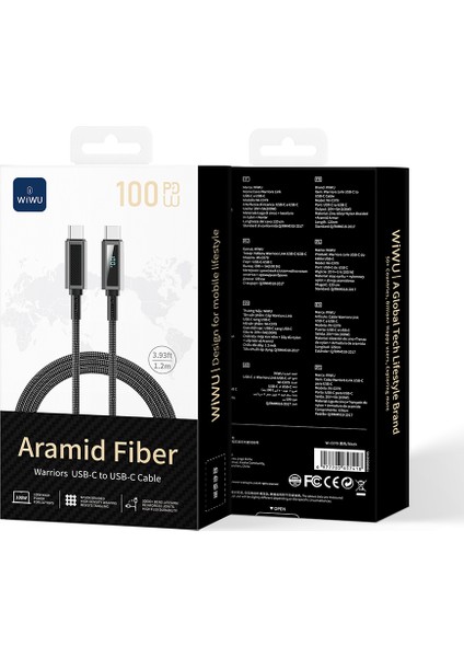 WI-C079 Warriors Serisi Aramid Fiber Type-C To Type-C Pd Data ve Şarj Kablosu 100W 1.2m Siyah