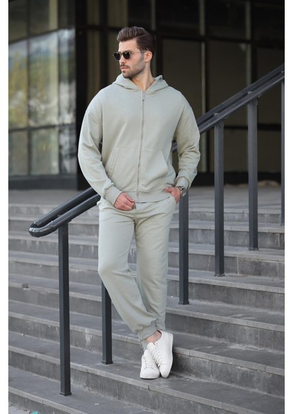 Mint Yeşili Kapüşonlu Fermuarlı Basic Erkek Eşofman Takımı E7331